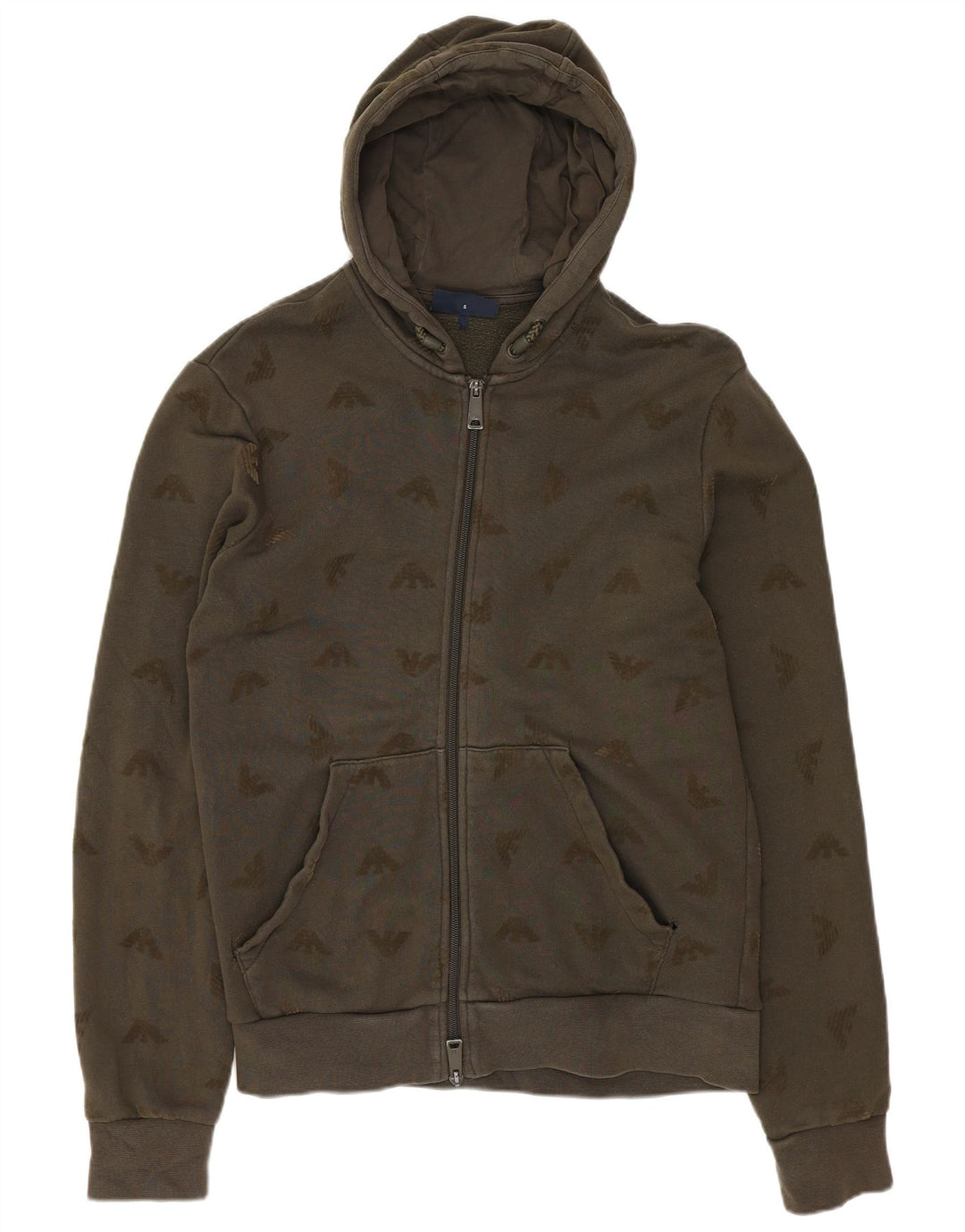 Męski sweter z kapturem i zamkiem błyskawicznym Armani Jeans, mały, bawełniany khaki