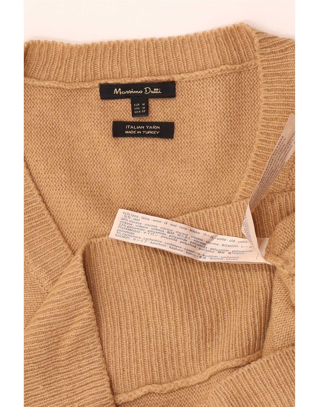 Sweter damski Massimo Dutti z dekoltem w kształcie litery V, UK 14, średni beż, wełna
