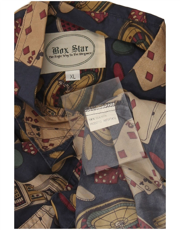 Męska koszula w stylu vintage z grafiką XL, granatowa, jedwabna