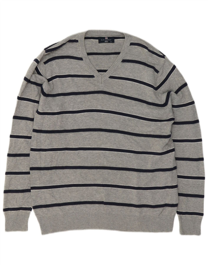 Męski sweter Marks & Spencer Blue Harbor z dekoltem w kształcie litery V, w średnie szare paski