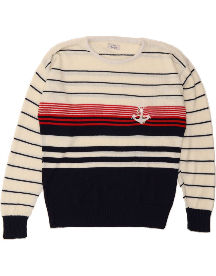 VINTAGE Mens Boat Neck Jumper Sweater Small Off White Striped Vintage Vintage and Second-Hand Vintage from Messina Hembry 