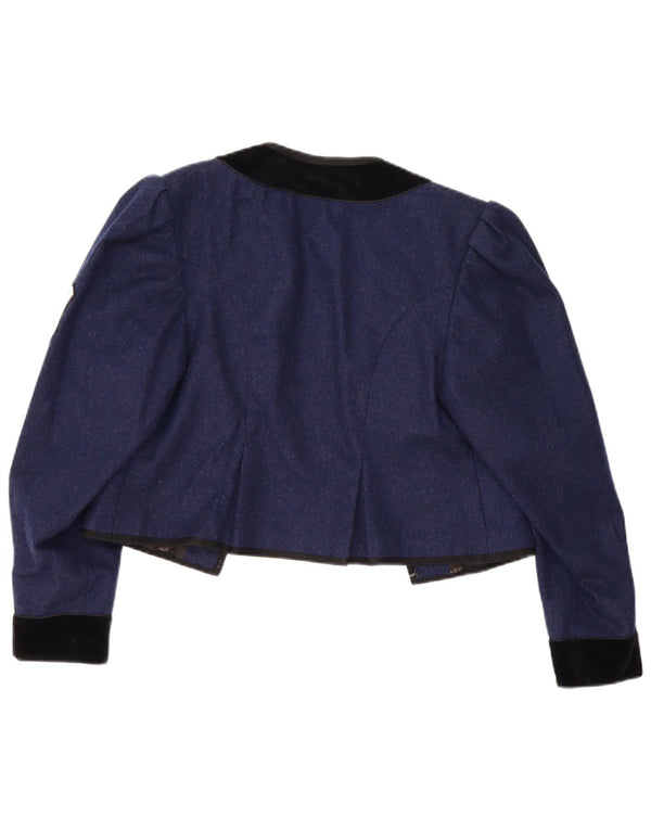 Vintage Womens Trachten Crop Open Blazer Jacket UK 12 Medium Navy Blue