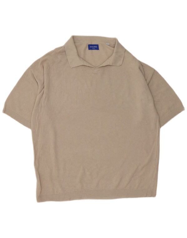 Męski sweter polo Jack & Jones z krótkim rękawem i dekoltem XL, beżowy, bawełniany