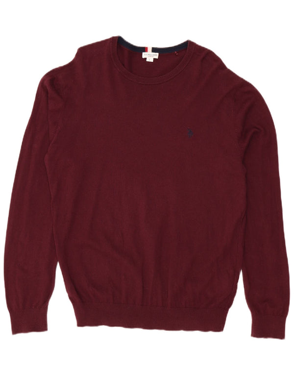 US POLO ASSN. Męski sweter z okrągłym dekoltem, duży, bordowy, bawełniany
