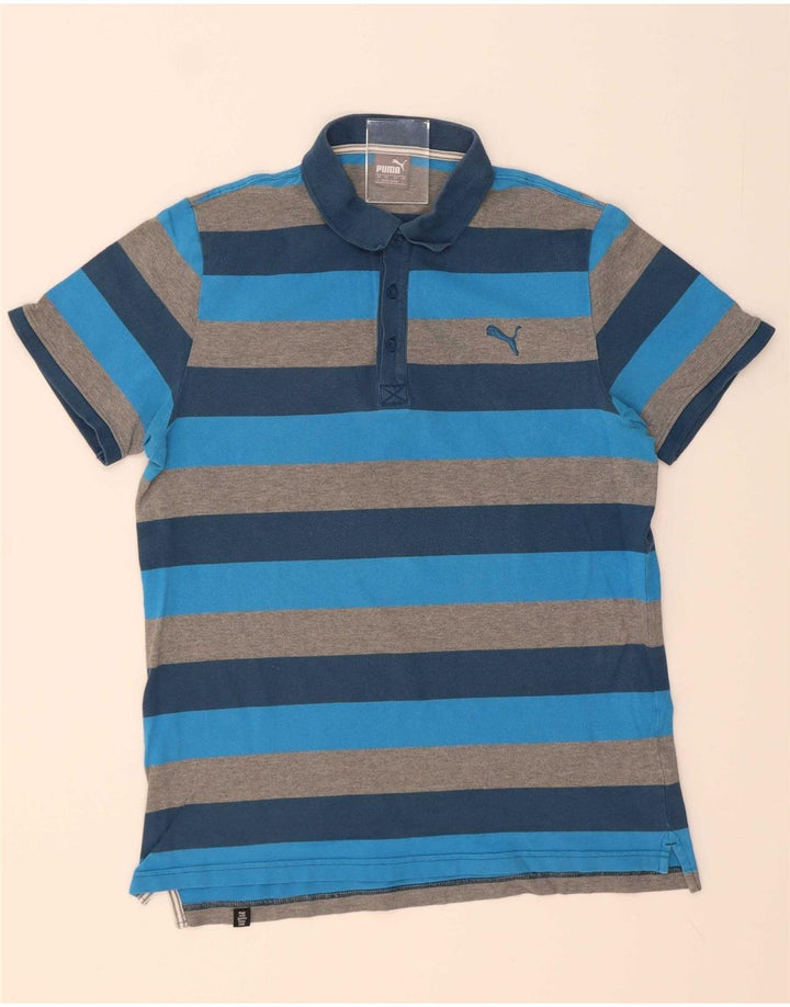 PUMA Mens Polo Shirt Large Blue Striped Cotton