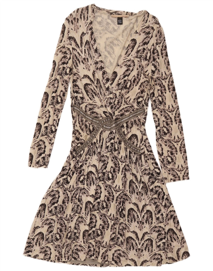 Damska sukienka o linii A Roberto Cavalli w abstrakcyjny wzór IT 46, duża w kolorze złamanej bieli