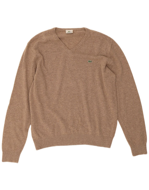 Męski sweter Lacoste z dekoltem w kształcie litery V, rozmiar 6 XL, wełniany beżowy