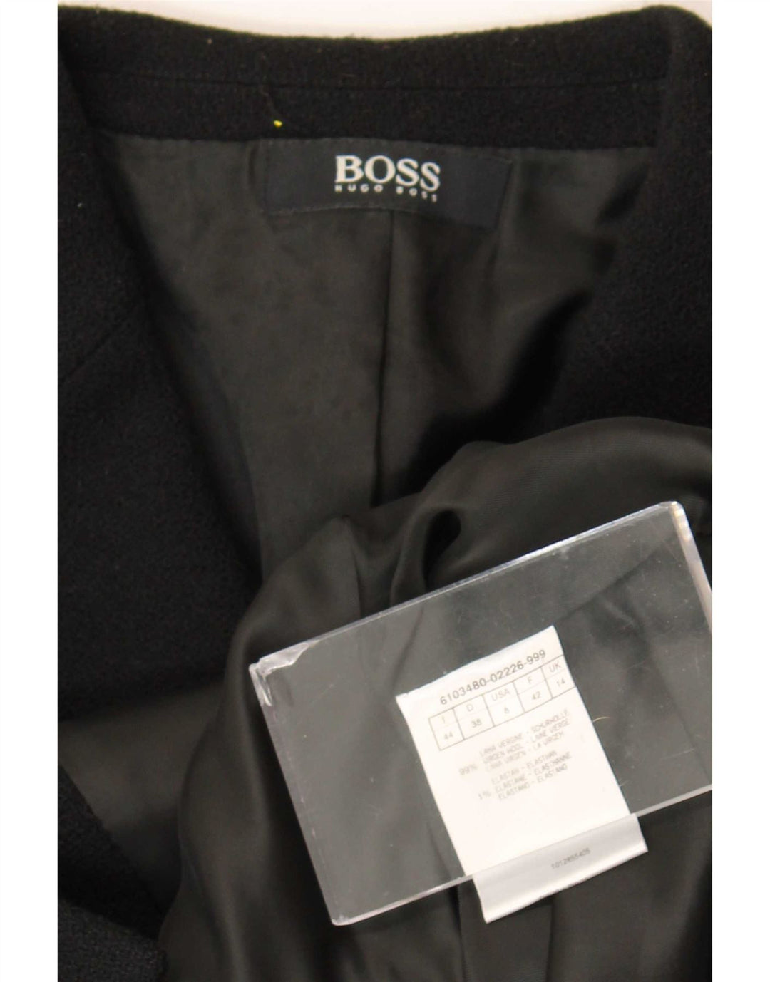 Damska marynarka zapinana na 3 guziki Hugo Boss UK 14 Średnia czarna dziewicza wełna