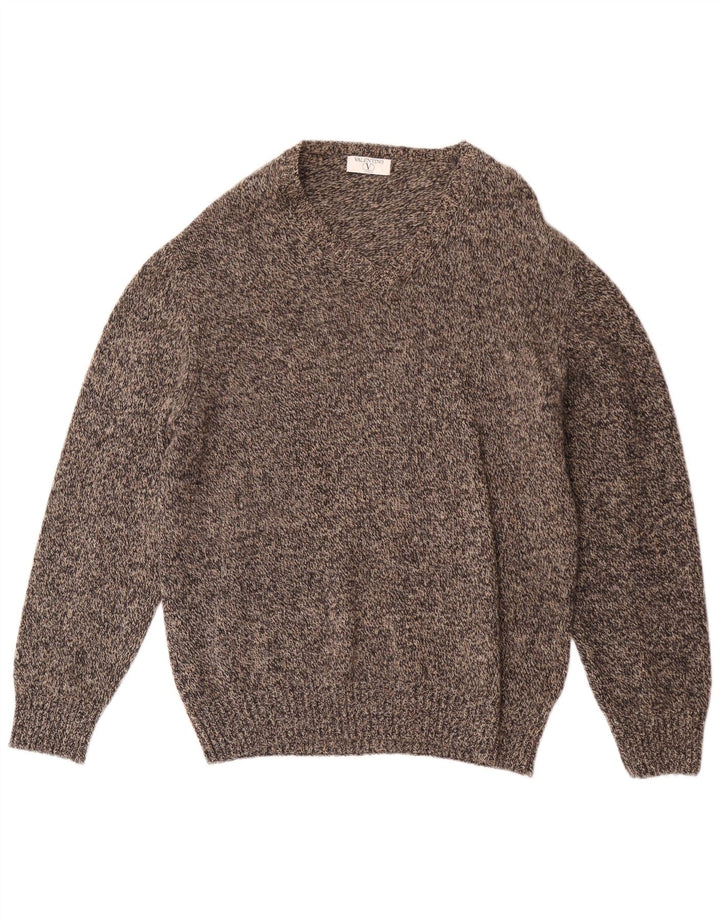 Valentino Męski sweter z dekoltem w kształcie litery V, XL, brązowy, wełniany nakrapiany