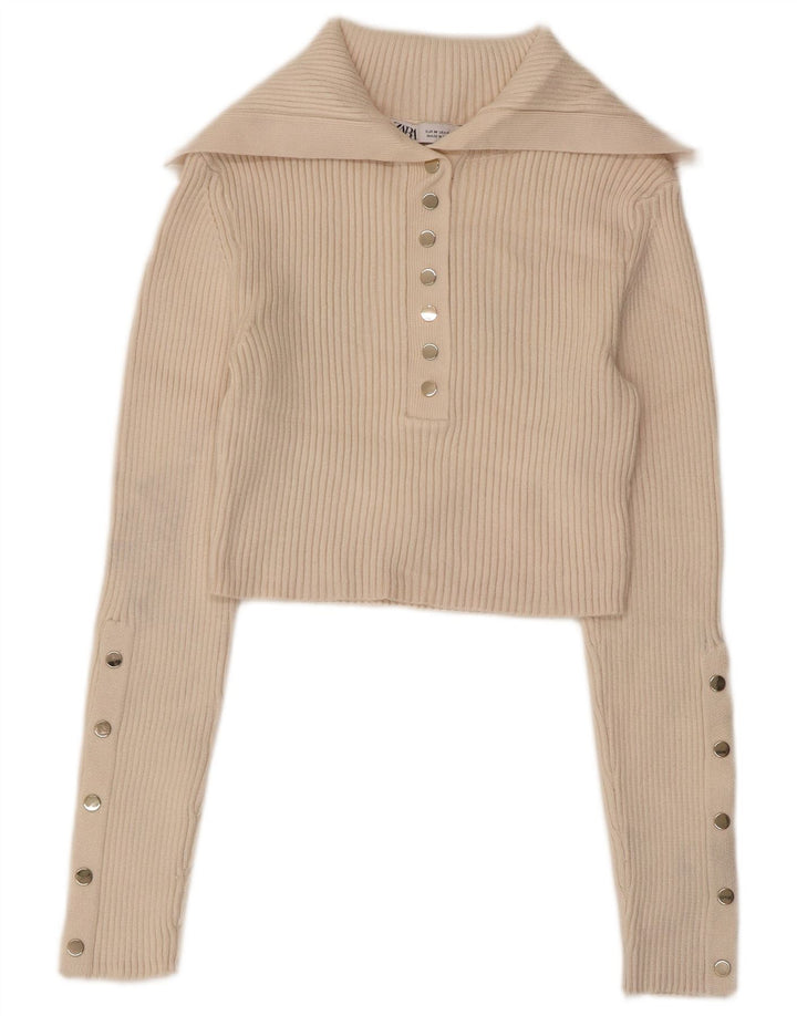 Damski sweter z krótkim rękawem ZARA UK 12 w kolorze średniej beżowej wiskozy