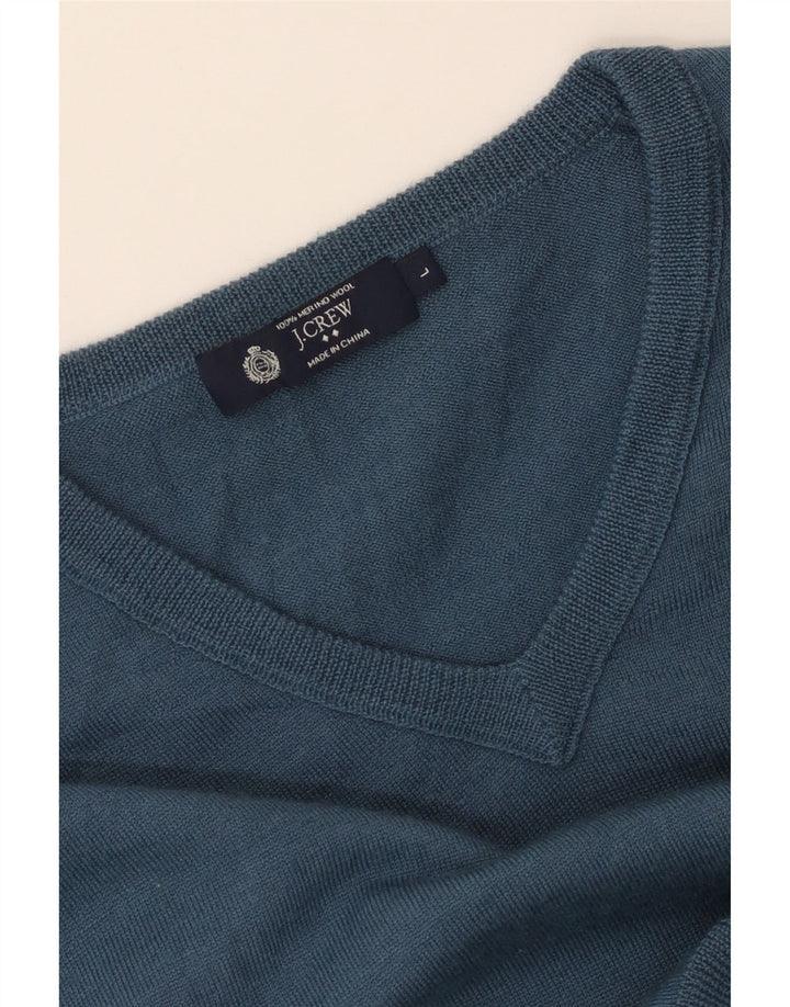 J. Crew Męski sweter z dekoltem w kształcie litery V, duży, niebieski, wełna merynosów