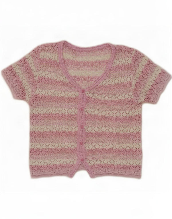 Vintage damski sweter rozpinany z krótkim rękawem UK 14 w średnie różowe paski