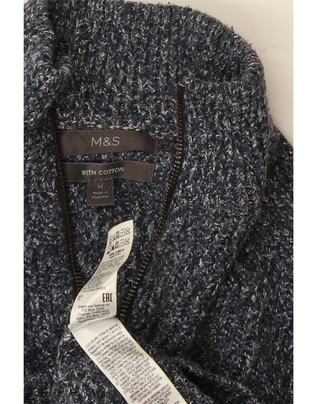 Marks & Spencer Męski sweter z zamkiem błyskawicznym, średni niebieski, nakrapiany akryl