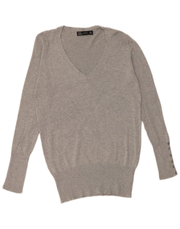 Sweter damski Zara z dekoltem w kształcie litery V, UK 16, duży, szary, sztuczny jedwab