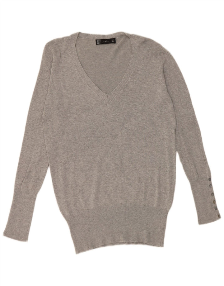 Sweter damski Zara z dekoltem w kształcie litery V, UK 16, duży, szary, sztuczny jedwab