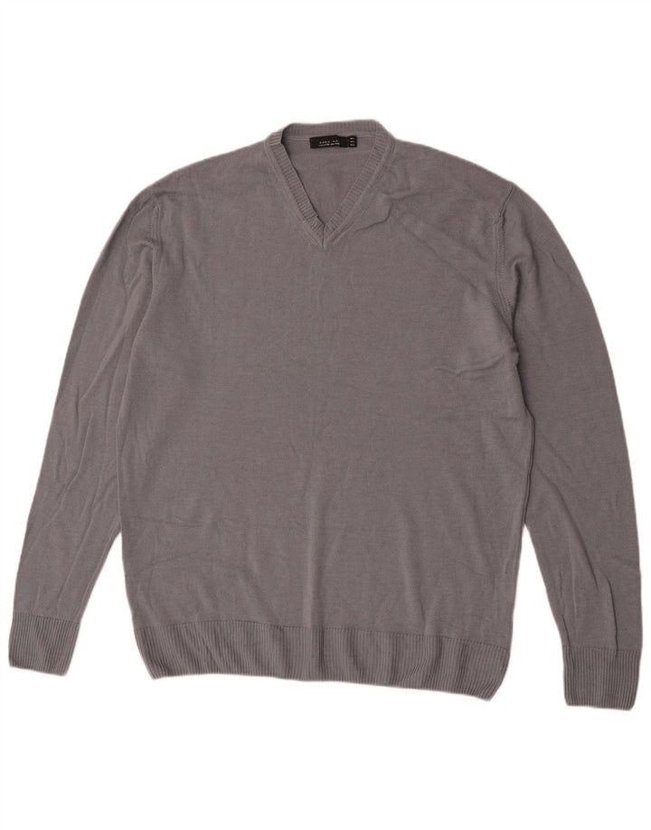 Męski sweter Zara z dekoltem w kształcie litery V, XL, szara wełna