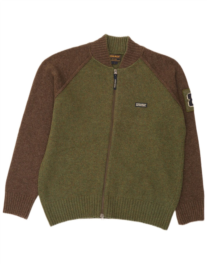 Woolrich Męski sweter z grafiką, duży, zielony, wełniany blok kolorów