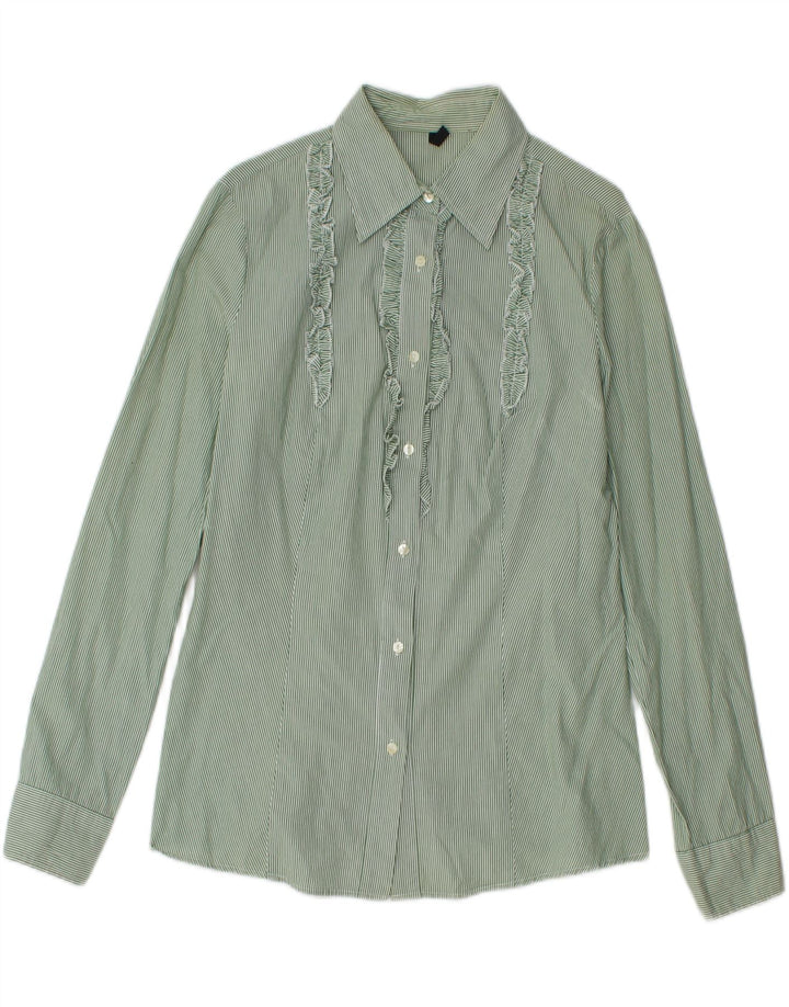BENETTON Womens Ruffle Front Shirt UK 12 Medium Green Pinstripe Vintage Benetton and Second-Hand Benetton from Messina Hembry 