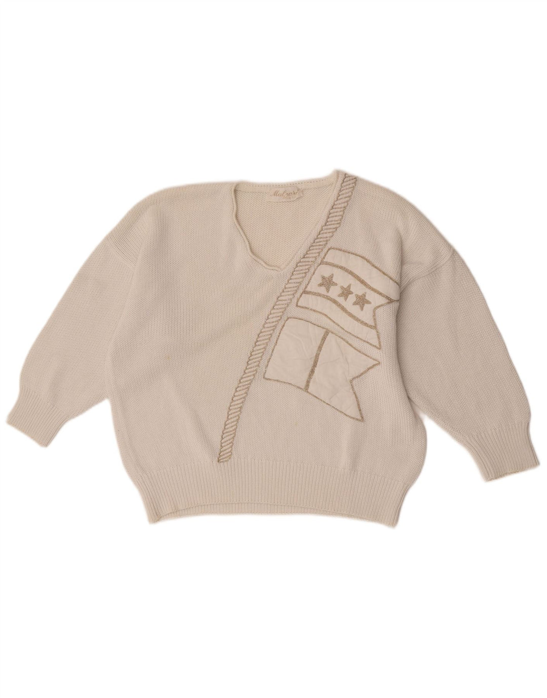 Damski sweter w stylu vintage z graficznym dekoltem w kształcie litery V, UK 14, średni biały