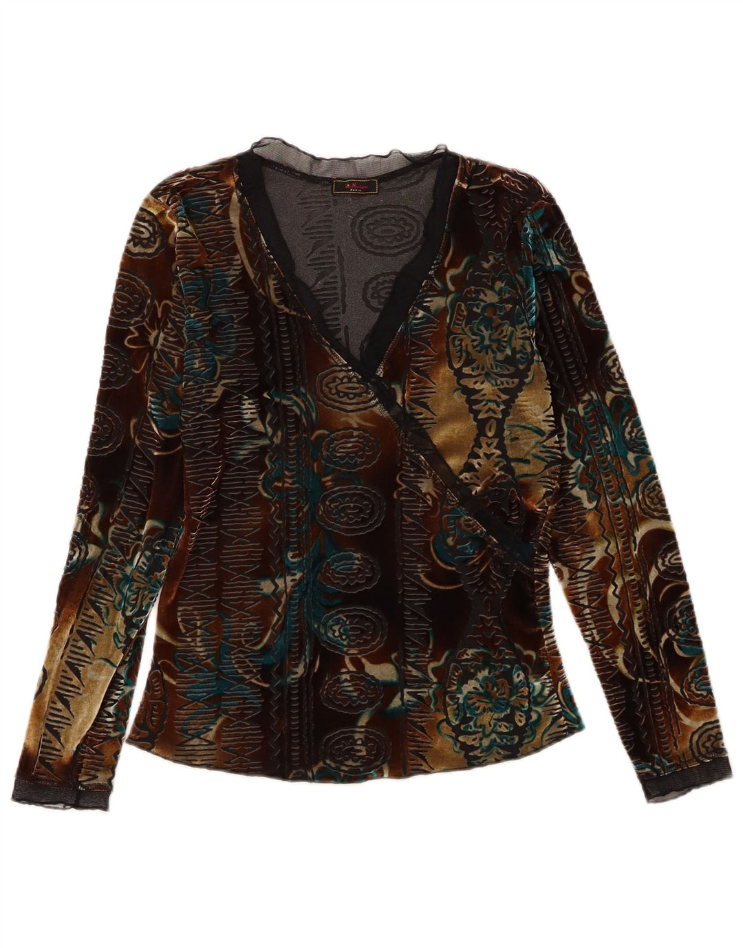 Aksamitny top damski w stylu vintage z długim rękawem, UK 6 XS, wielokolorowy w kwiaty