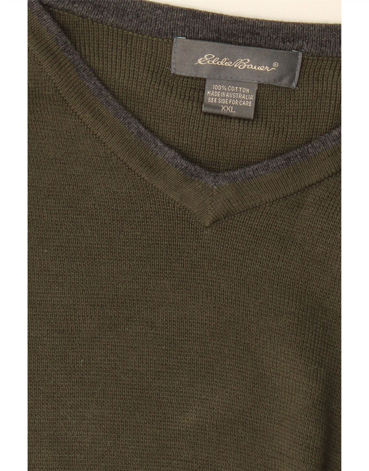 EDDIE BAUER Mens V-Neck Jumper Sweater 2XL Khaki Cotton Vintage Eddie Bauer and Second-Hand Eddie Bauer from Messina Hembry 