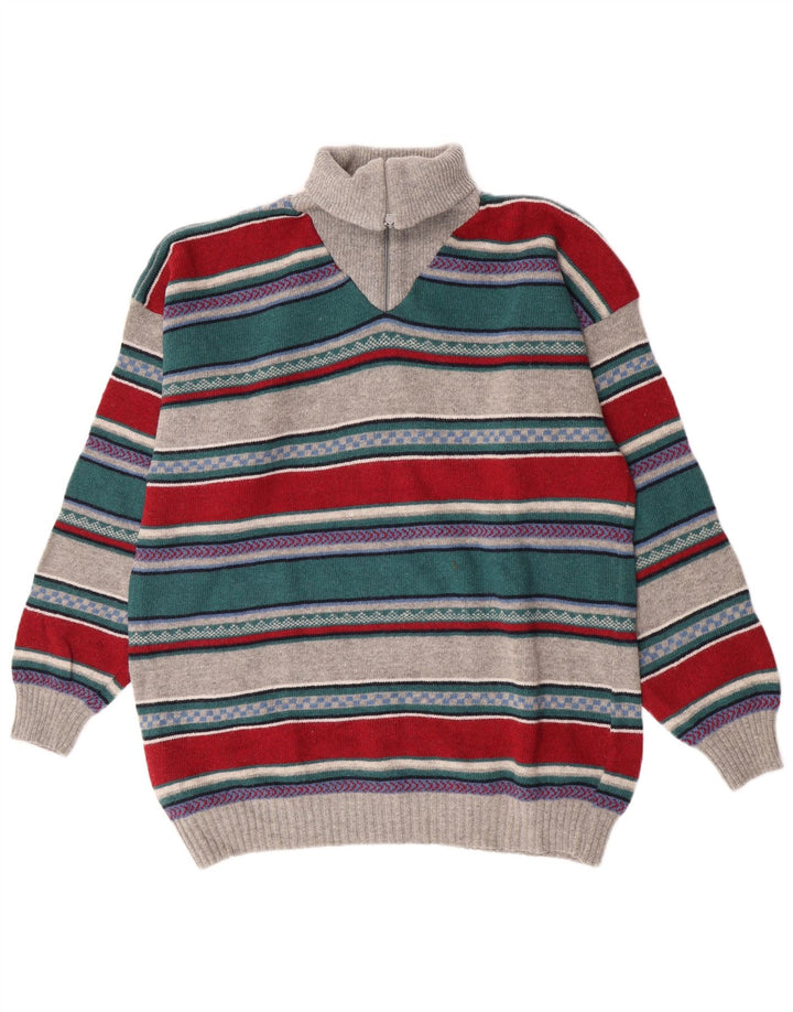 Vintage męski sweter z zamkiem błyskawicznym, duży, wielobarwny, z owczej wełny w paski