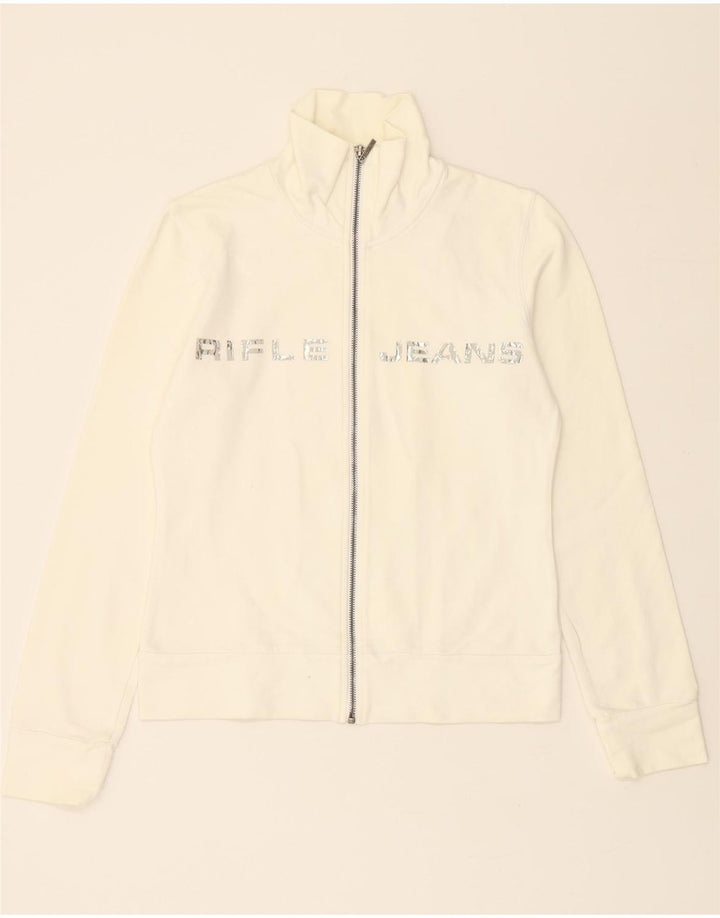 RIFLE Womens Graphic Tracksuit Top Jacket UK 12 Medium White Cotton Vintage Rifle and Second-Hand Rifle from Messina Hembry 