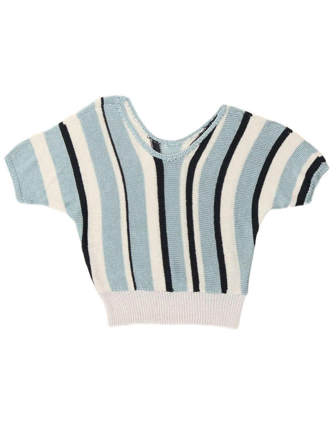 Sweter damski w stylu vintage z dekoltem w kształcie litery V, UK 12, średni niebieski w paski, retro