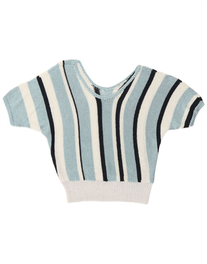 Sweter damski w stylu vintage z dekoltem w kształcie litery V, UK 12, średni niebieski w paski, retro