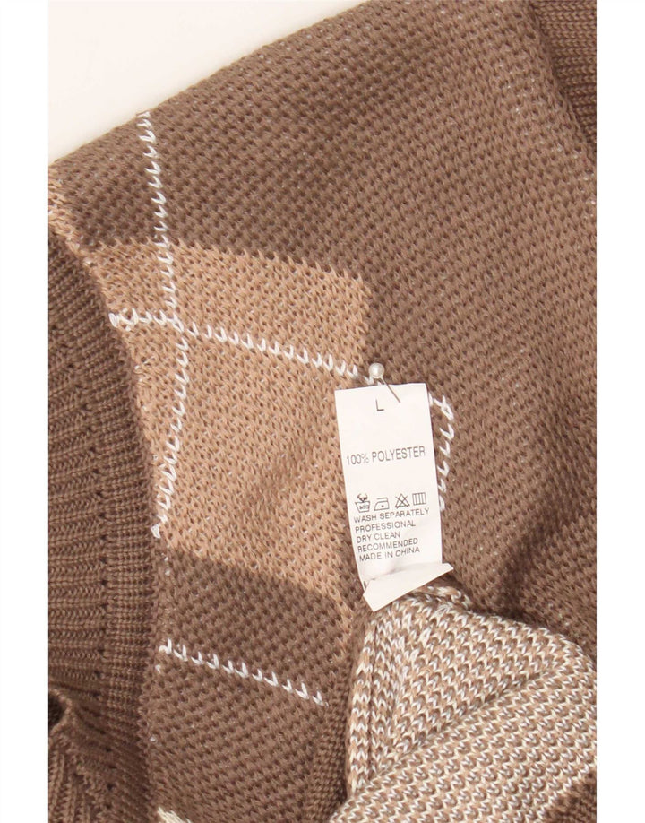 Vintage damski sweter z dekoltem w kształcie litery V, duży, brązowy, wykonany z tkaniny argyle/diamentowy poliester