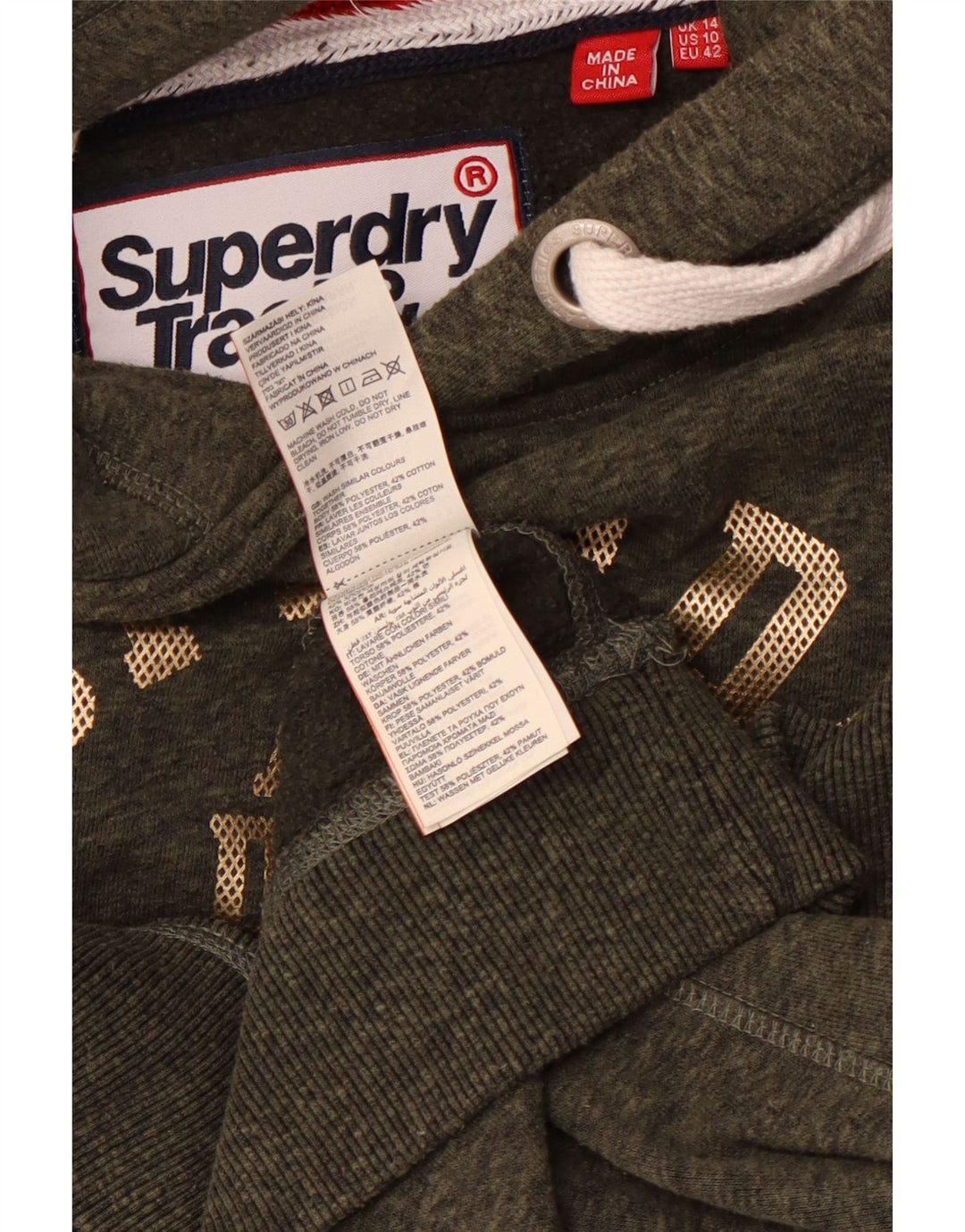 Damska bluza z kapturem SUPERDRY do lekkoatletyki UK 14, duża, w kolorze khaki, nakrapiana