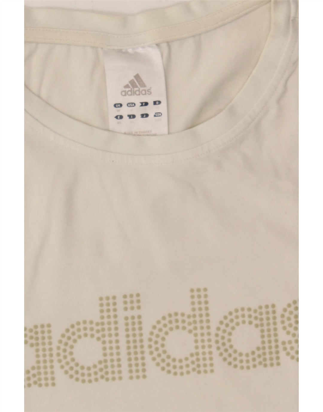 ADIDAS Womens Graphic T-Shirt Top UK 14 Medium Off White Vintage Adidas and Second-Hand Adidas from Messina Hembry 