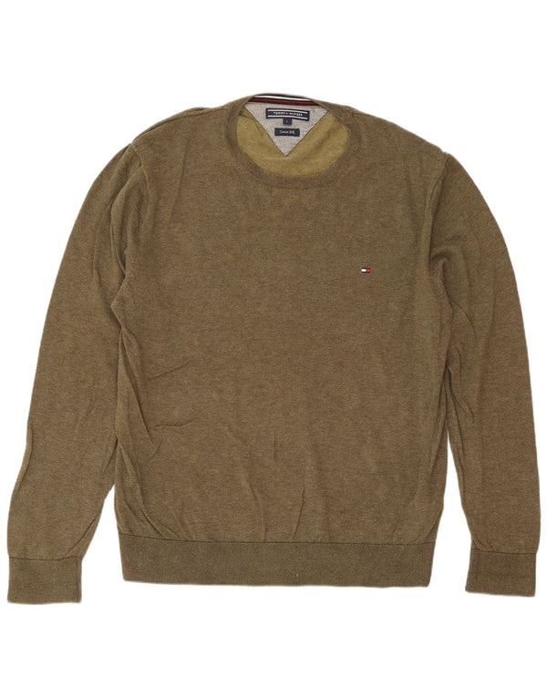 Męski sweter z okrągłym dekoltem Tommy Hilfiger, duży, bawełniany khaki