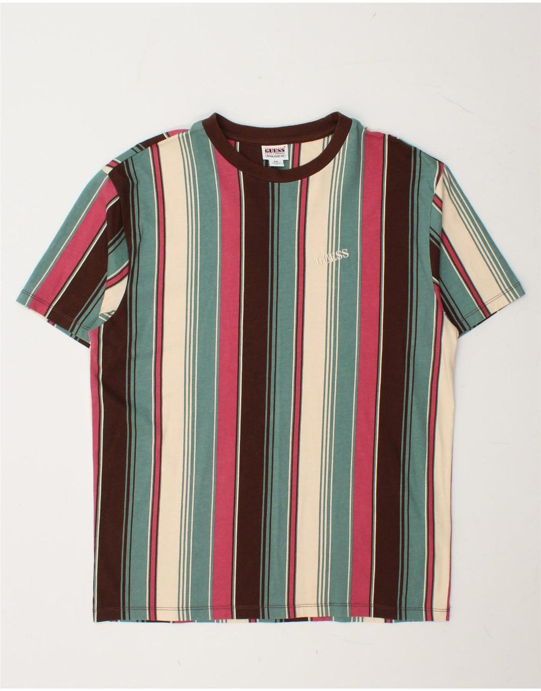 GUESS Mens T-Shirt Top Small Multicoloured Striped Cotton