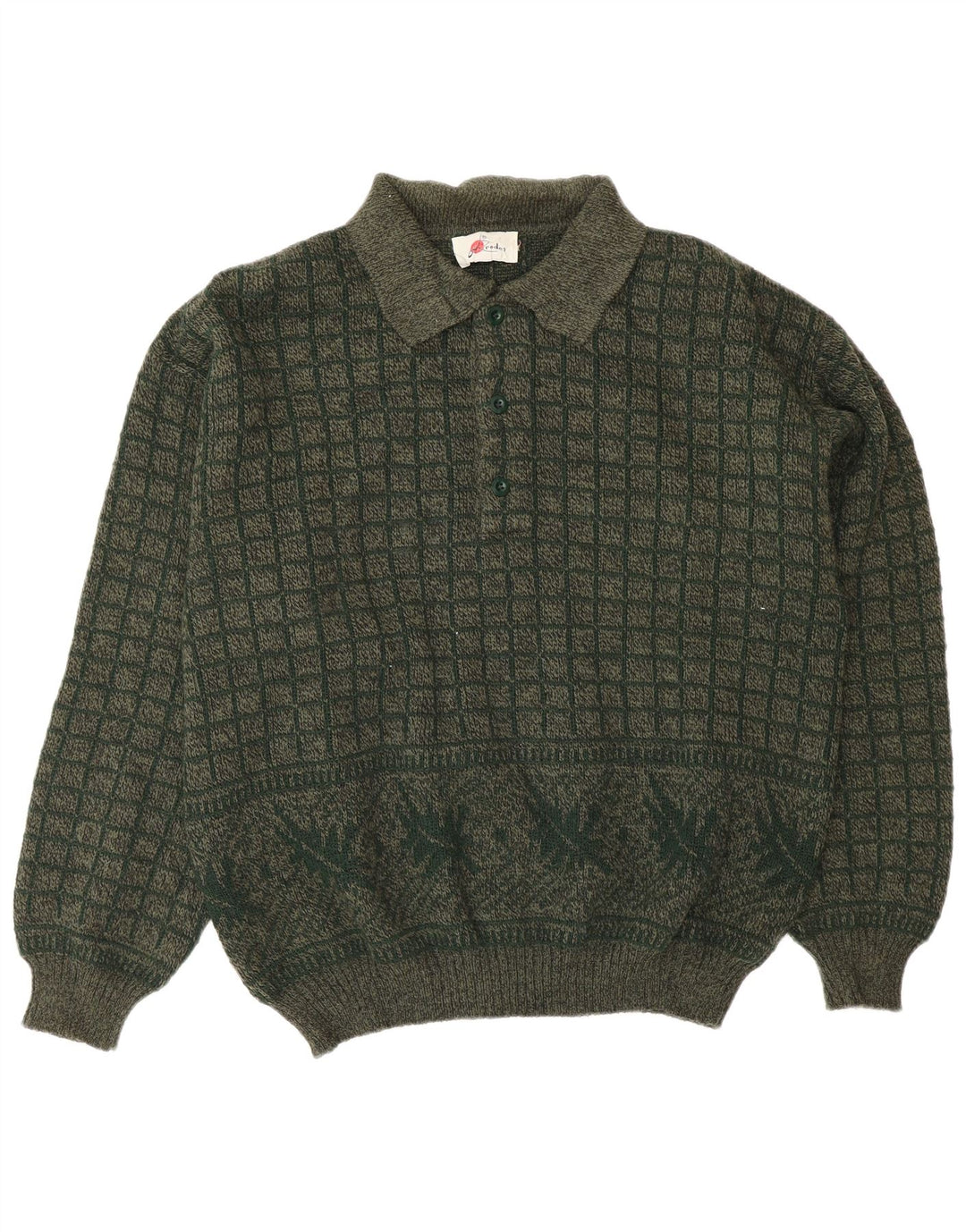 Vintage męski sweter z golfem, duży, geometryczny akryl w kolorze khaki