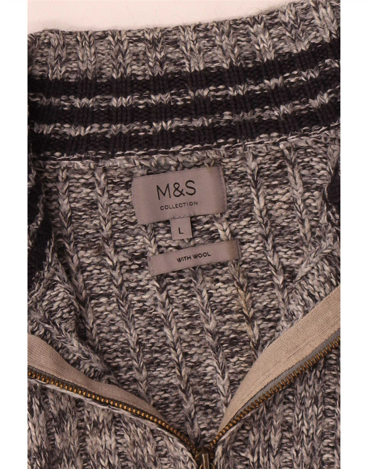 Marks & Spencer Męski sweter z zamkiem błyskawicznym, duży, szary, wełniany w plamki