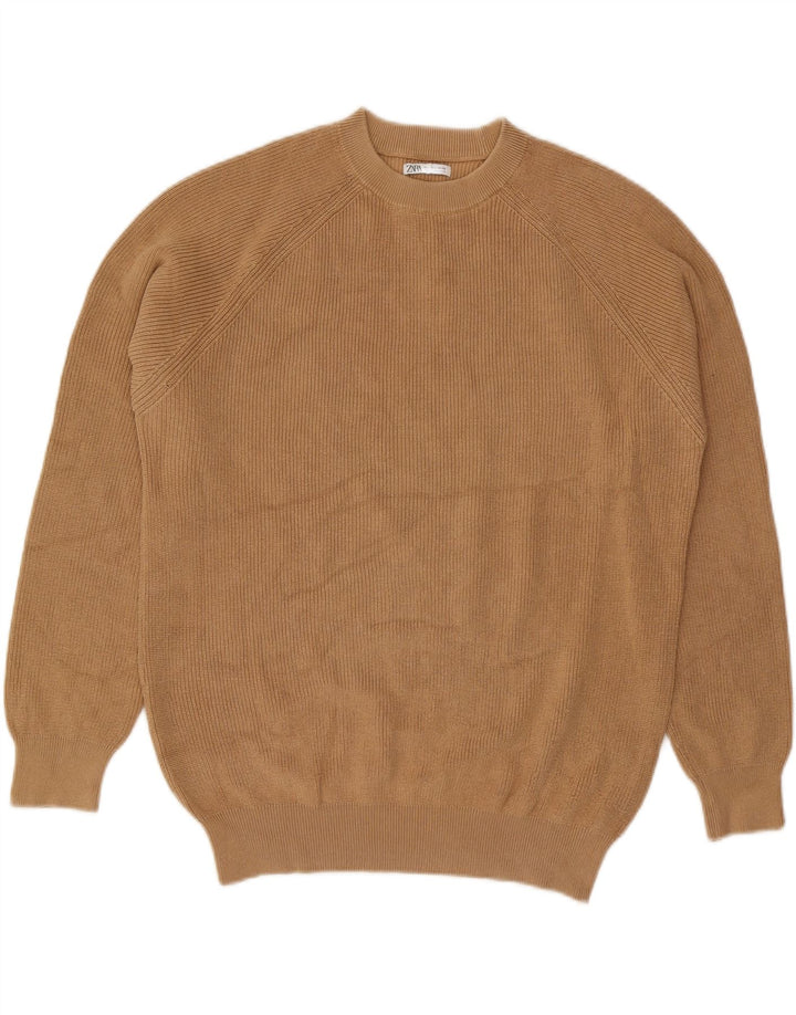 ZARA Mens Crew Neck Jumper Sweater Large Beige Cotton Vintage Zara and Second-Hand Zara from Messina Hembry 