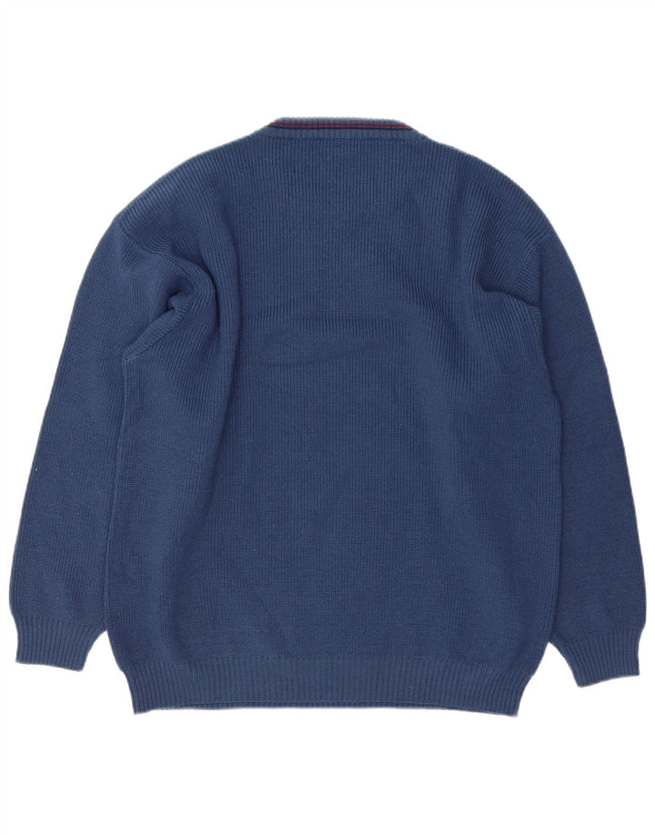 Męski sweter z okrągłym dekoltem w stylu vintage, XL, niebieska wełna