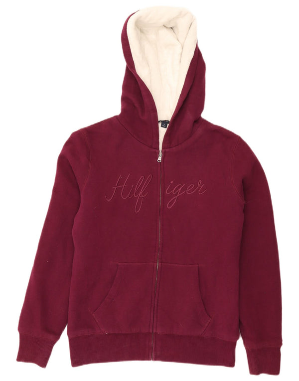 Tommy Hilfiger Womens Graphic Sherpa Zip Hoodie Sweater UK 14 Medium Maroon
