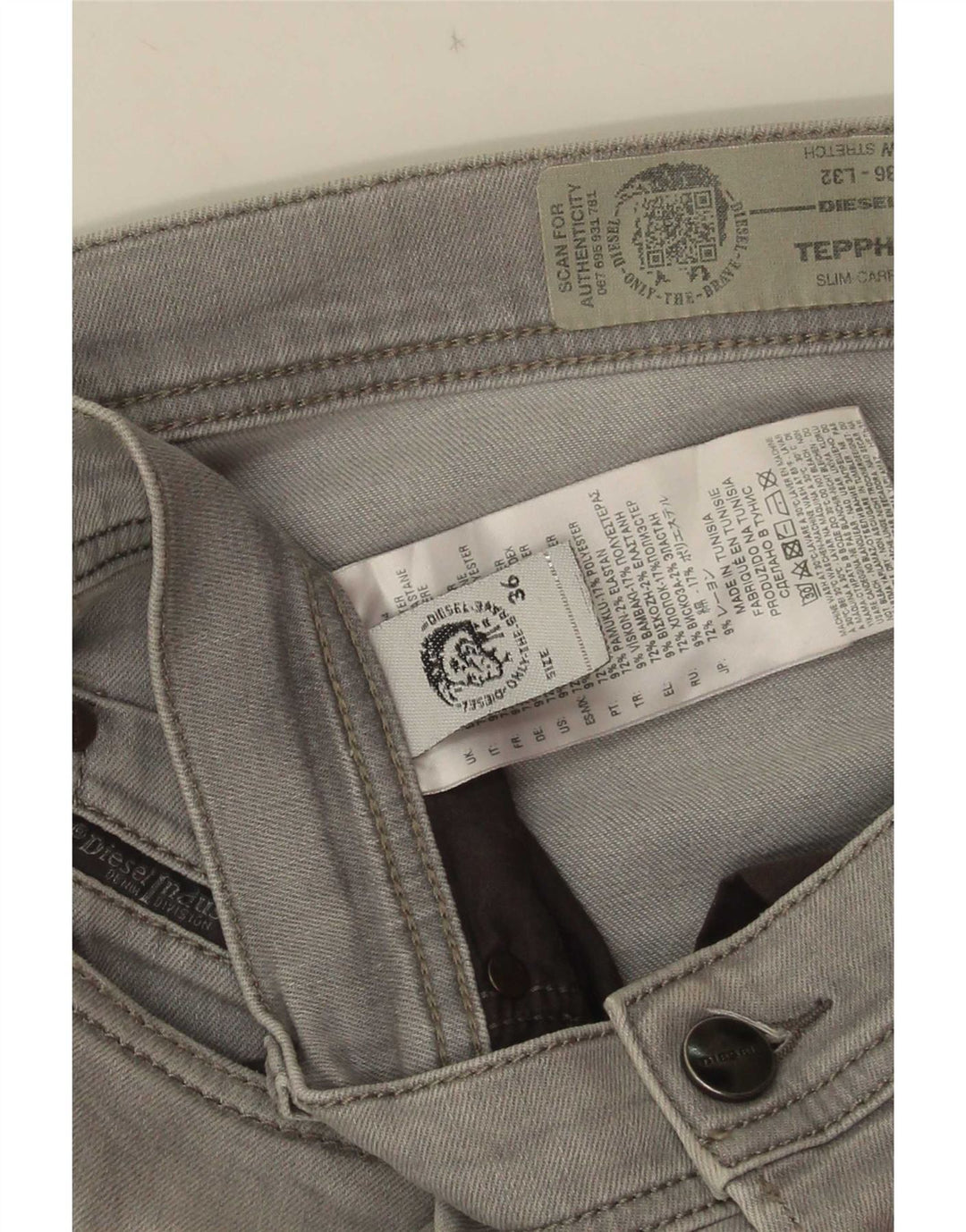Diesel Męskie Tepphar Distressed Carrot Slim Jeans W36 L32 Szara bawełna