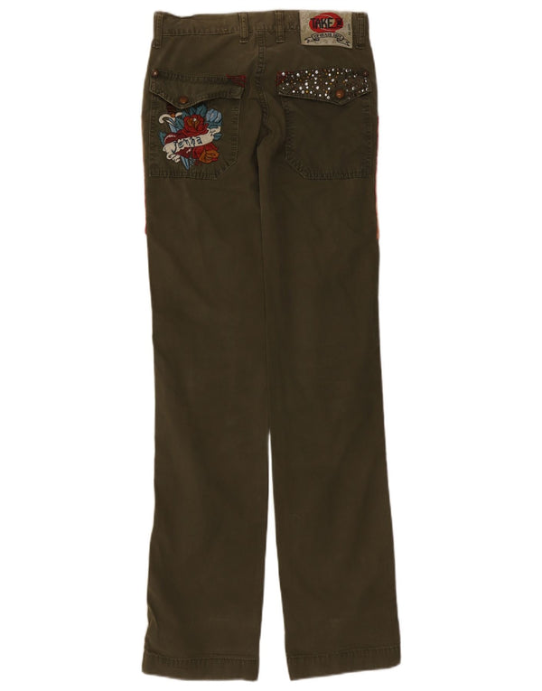Weź dwa proste spodnie damskie W27 L34 Khaki, bawełna w kwiaty