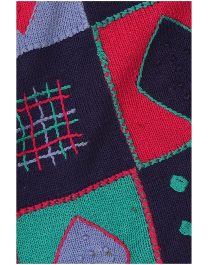 Damski sweter z okrągłym dekoltem w stylu VINTAGE UK 14 Średni granatowy patchwork