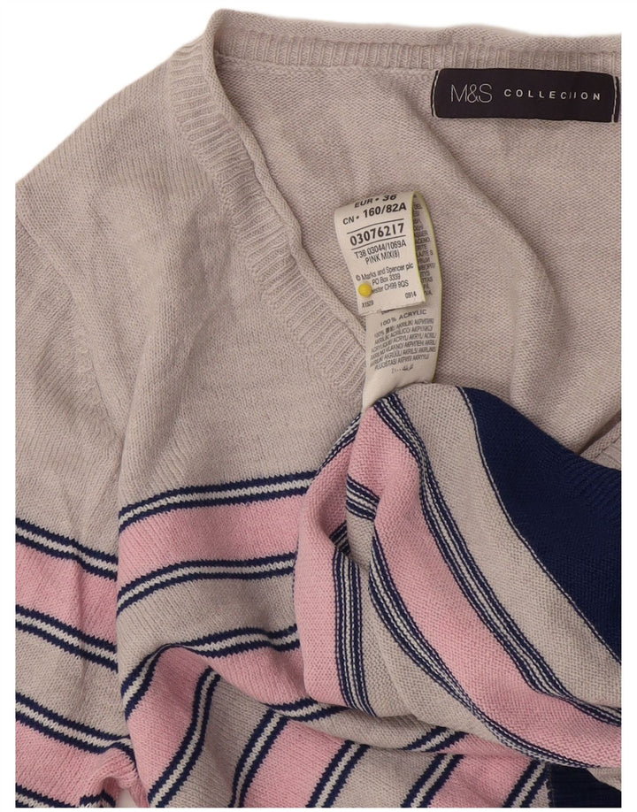 Marks & Spencer Damski sweter z dekoltem w kształcie litery V, UK 8, w małe różowe paski