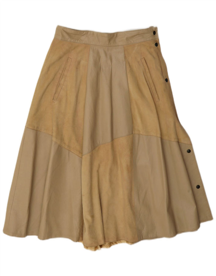 Vintage damska skórzana rozkloszowana spódnica IT 42 Medium W26 Beżowy blok kolorów