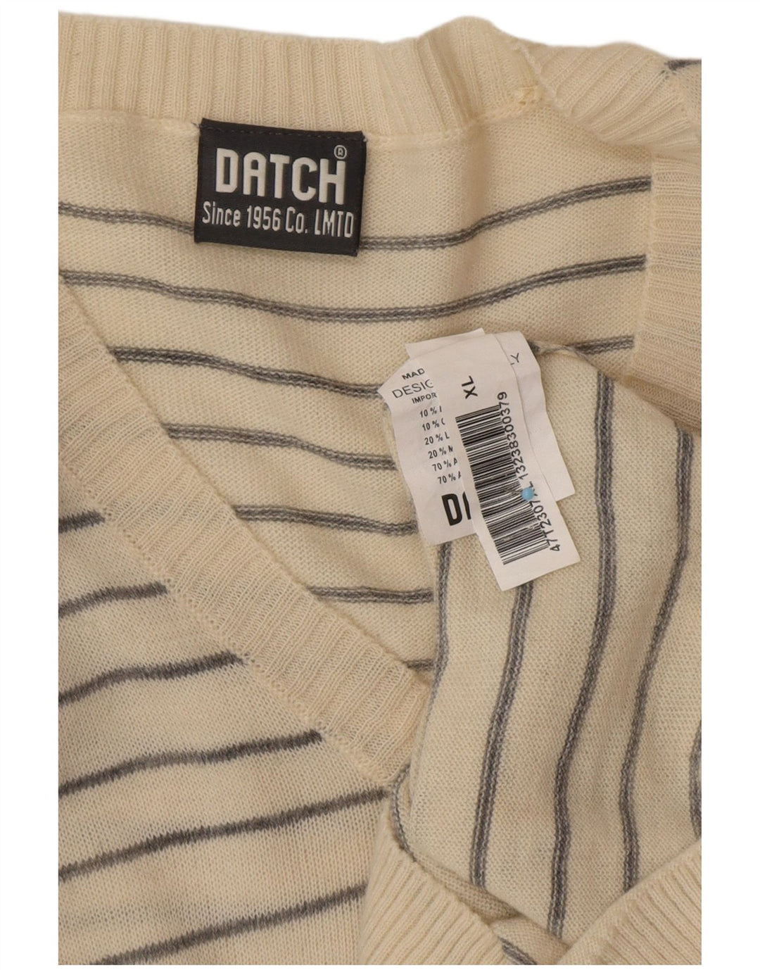 DATCH Męski sweter z dekoltem w kształcie litery V, XL w kolorze złamanej bieli, akryl w paski