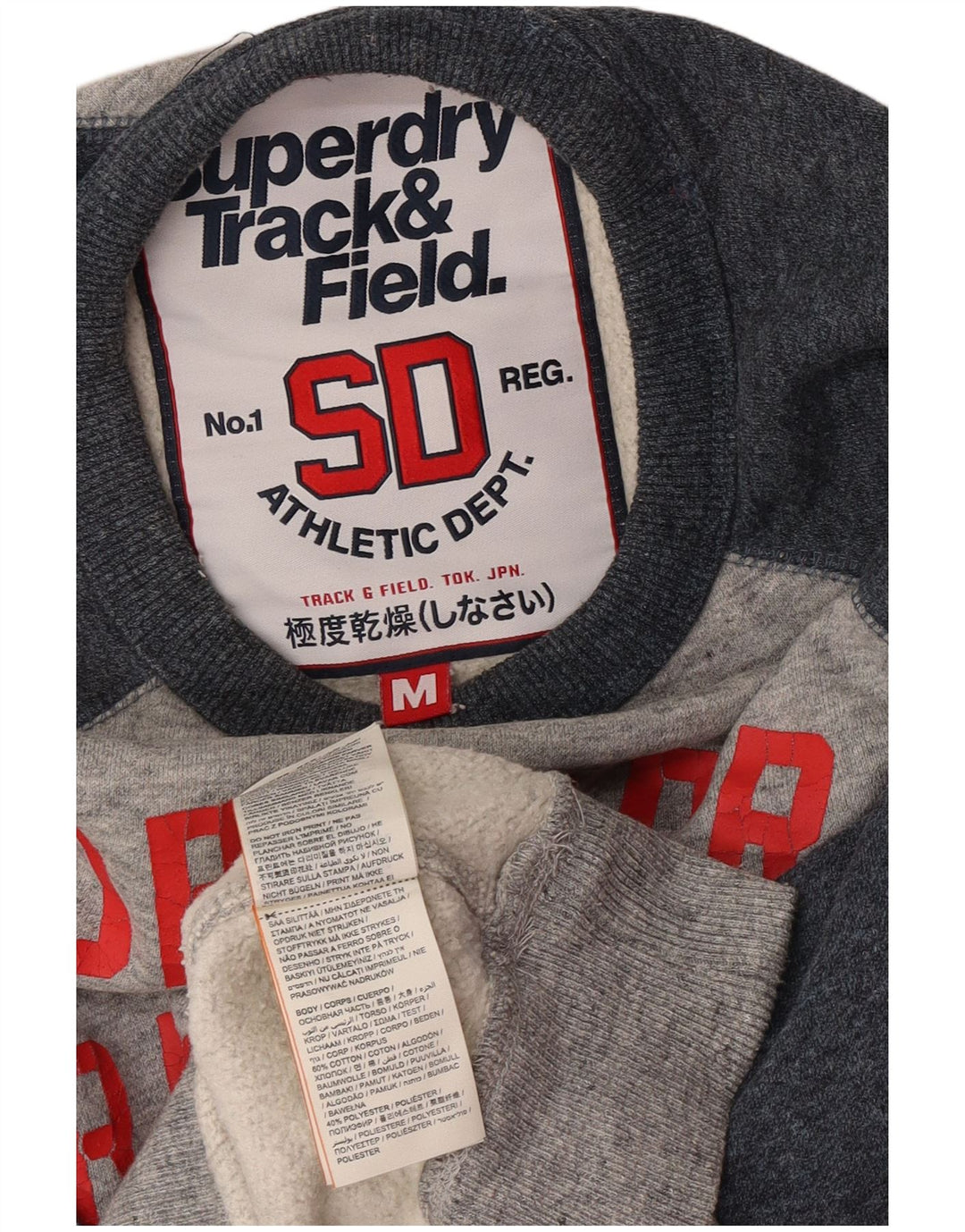 Męski sweter z grafiką Superdry, bawełniany, średnioszary, z blokami kolorów