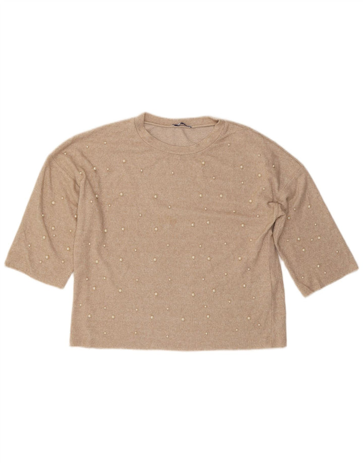 ZARA Womens Oversized Crew Neck Jumper Sweater UK 10 Small Beige