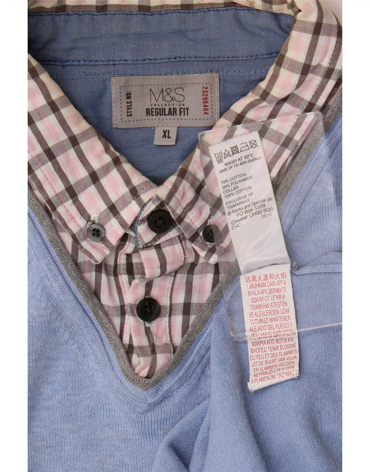 Marks & Spencer Męski sweter o regularnym kroju z dekoltem w kształcie litery V, XL, bawełniany, w niebieską kratkę