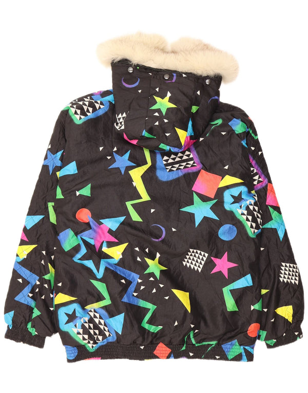 Damska kurtka wiatrówka z kapturem w stylu vintage UK 16, duża czarna geometryczna