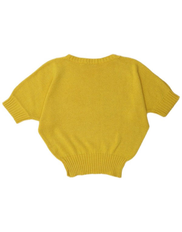 Vintage damski sweter z graficznym dekoltem w łódkę IT 42 średni żółty kwiatowy